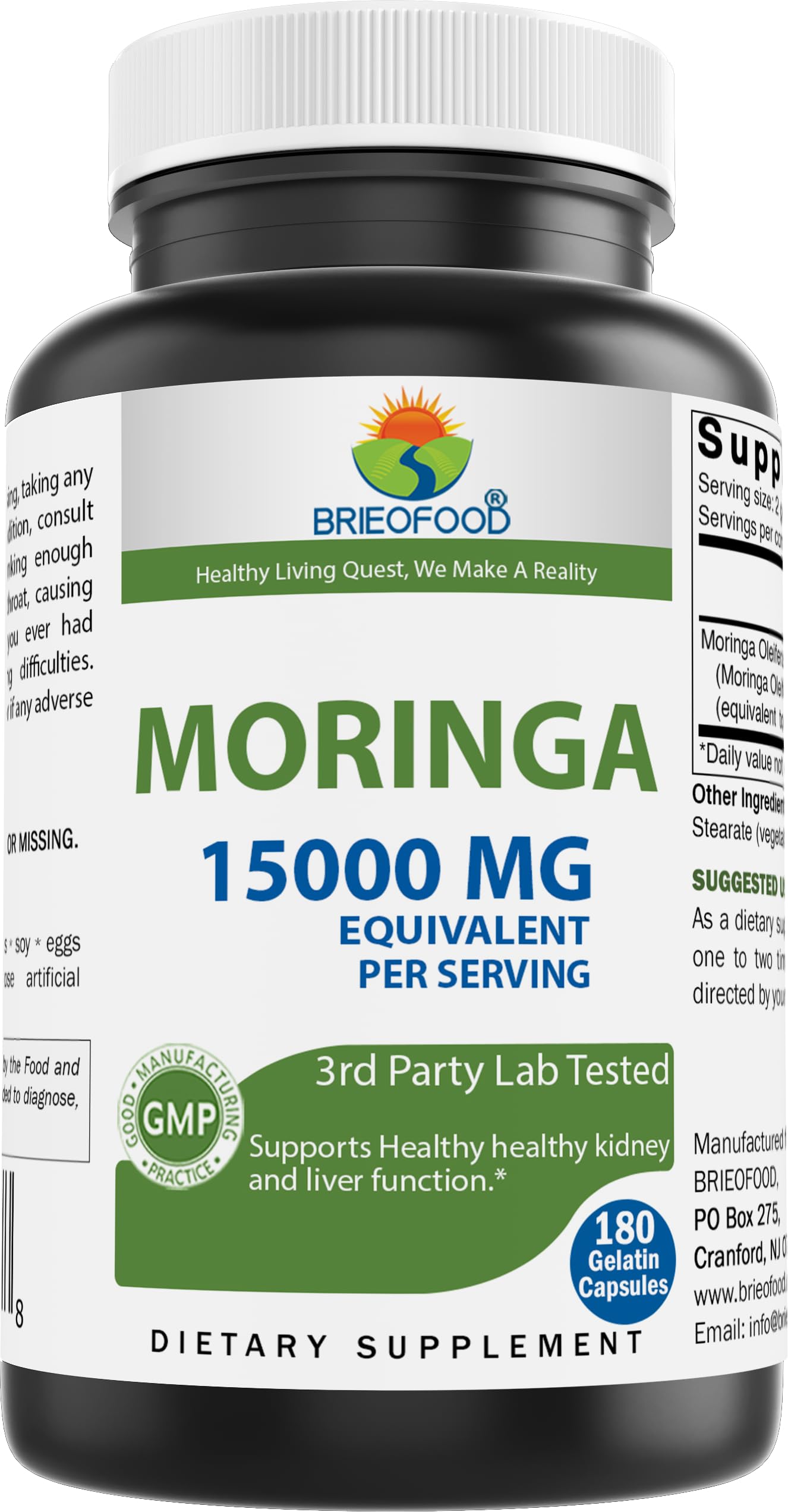 Brieofood Moringa Oleifera - 15000 mg Equivalent per Serving - 180 Capsules - Non-GMO and Gluten Free Supplement - Moringa Leaf Green Superfood