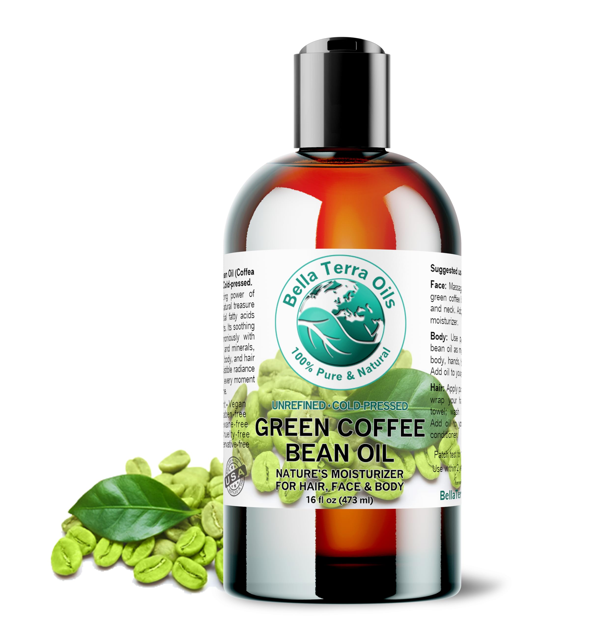 Bella Terra Oils - Green Coffee Bean Oil 16 oz - Dive into the World of Green Bean Coffee Extract Boosted with Antioxidants Supreme Skin Care Elixir