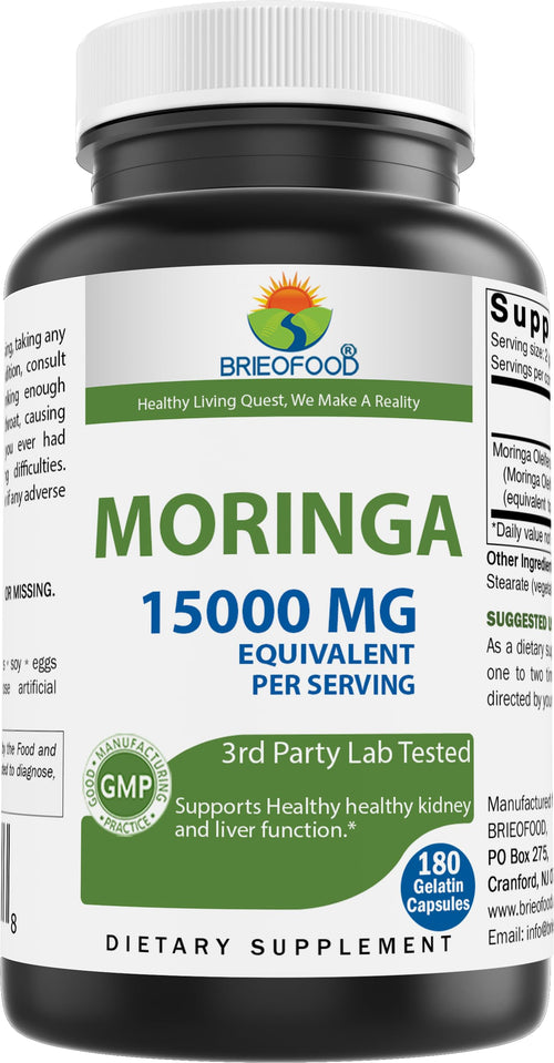 Brieofood Moringa Oleifera - 15000 mg Equivalent per Serving - 180 Capsules - Non-GMO and Gluten Free Supplement - Moringa Leaf Green Superfood
